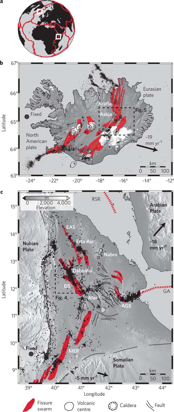 Les limites des plaques tectoniques impliquées dans l'étude sont présentées sur la figure A. Des agrandissements de l'Islande et l'Éthiopie sont respectivement présentés en B et en C. La couleur rouge indique les zones fragilisées par l'écartement des plaques lithosphériques et dans lesquels le magma peut s'insinuer. Les cercles et lignes noirs représentent des volcans et des failles. Le déplacement de chacune des plaques est indiqué par une flèche noire. Elle est accompagnée de la vitesse, exprimée en mm par an. © Wright <em>et al.</em> 2012, <em>Nature Geoscience</em>