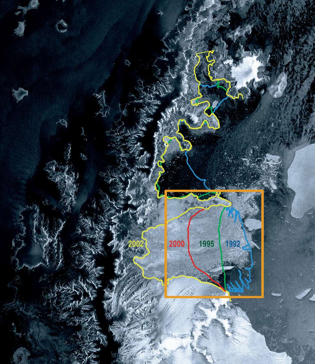 Une des premières photographies prises par Envisat après sa mise en orbite en 2002. La position relative de la plateforme Larsen B avait été étudiée auparavant par les satellites ERS-1 et ERS-2. Entre 1992 (ligne bleue) et 2002 (ligne jaune), la glace avait déjà reculé d'environ 100 km. © Esa