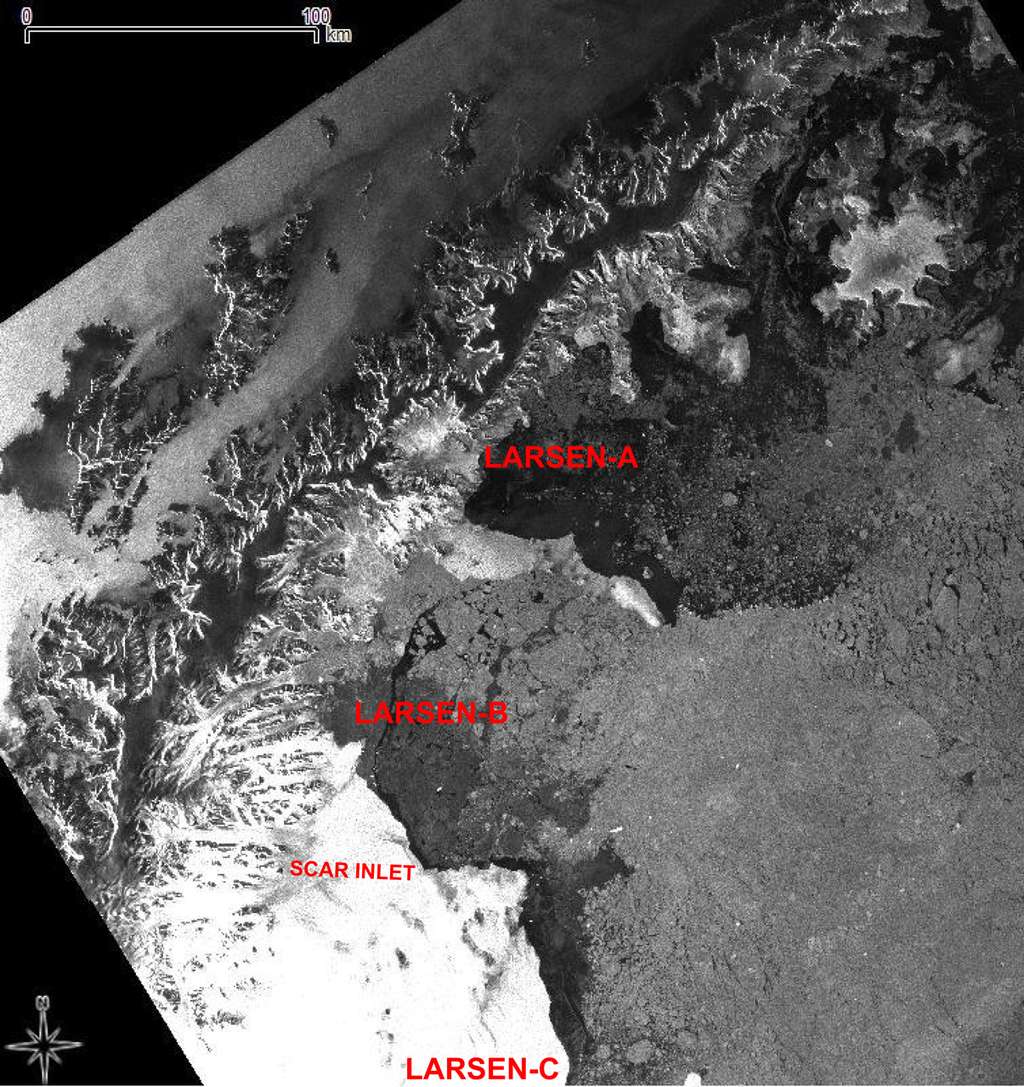 Image radar des 3 parties de la plateforme Larsen, en Antarctique, prise par Envisat le 19 mars 2012. © Esa