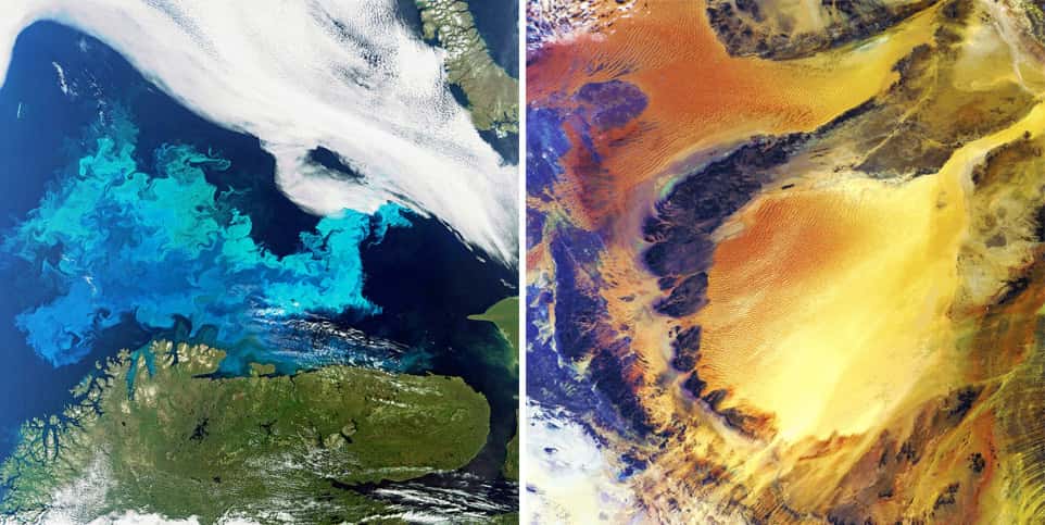 La mer de Barents et la côte norvégienne, et, à droite, le désert Sahara, côté libyen, vus par l'instrument Meris d'Envisat.  © Esa/<em>Meris Science team</em>