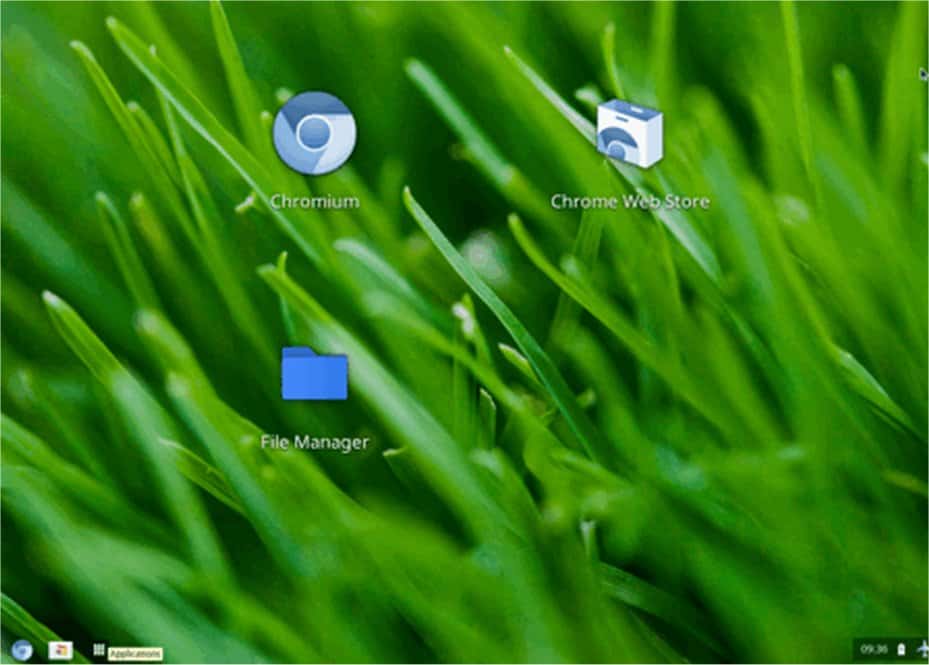 Chrome OS ressemble beaucoup à Windows 7 avec son bouton rond. Toutefois, celui-ci ne permet que de lancer le navigateur Chrome OS. Pour lancer les applications, il faut cliquer sur la troisième icone à gauche de la barre des tâches transparente. © E. P./Futura-Sciences