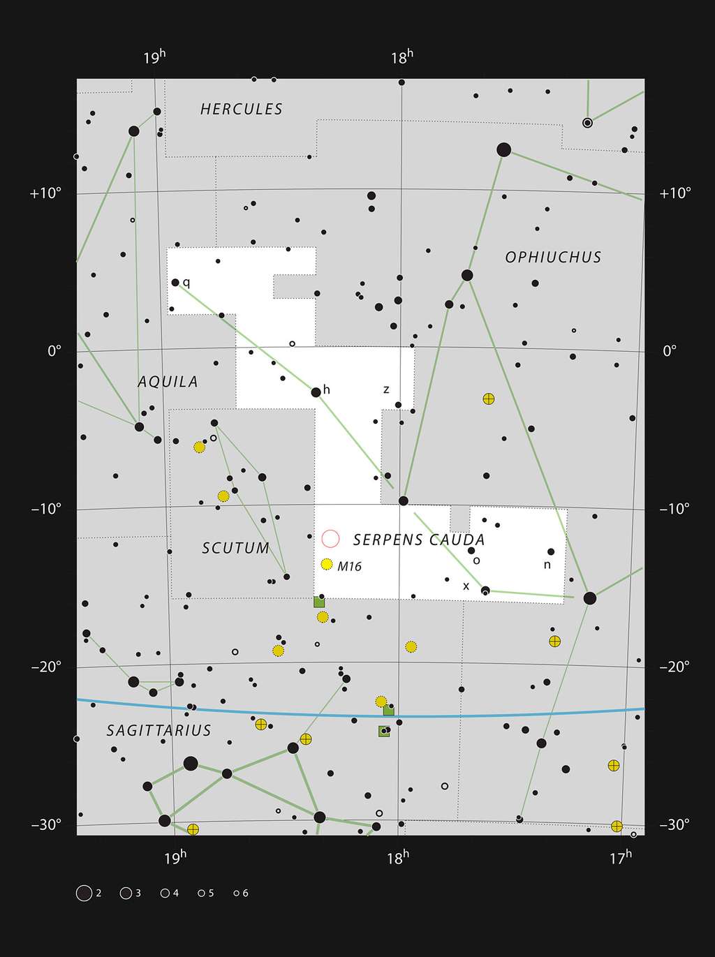 Cette carte montre l'emplacement de l'amas d'étoiles NGC 6604 dans la constellation du Serpent au milieu des étoiles visibles à l'œil nu dans de bonnes conditions. L'emplacement de l'amas est indiqué par un cercle rouge. Bien que l'amas d'étoiles soit facile à voir avec un petit télescope, la nébuleuse est très faible et n'a été découverte photographiquement qu'au milieu du XX<sup>e</sup> siècle. © ESO/IAU/Sky &amp; Telescope