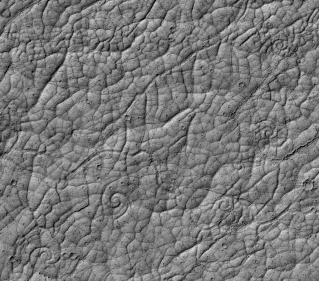 Gros plan sur les spirales volcaniques martiennes dans la région de Cerberus Palus. © Nasa