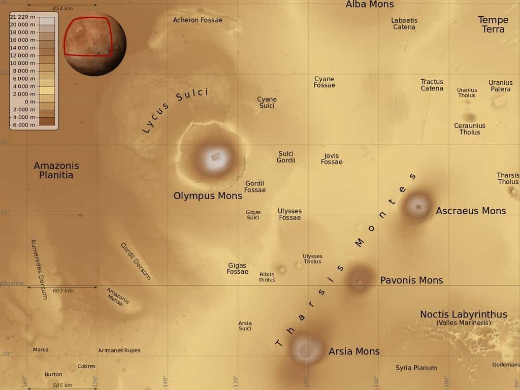 Sur Mars le plateau de Tharsis abrite les plus grands volcans du Système solaire. © Nasa/MGS