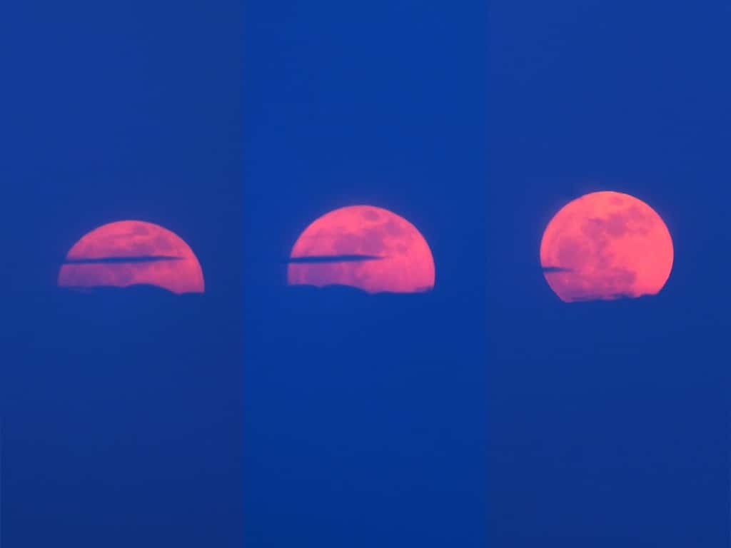 Le précédent lever de Pleine Lune (le 6 avril dernier) photographié en trois temps. © <a href="http://montreurdimages.blogspot.fr/2012/04/lever-de-pleine-lune-en-trois-temps.html" title="Jean-Baptiste Feldmann" target="_blank">Jean-Baptiste Feldmann</a>