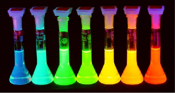 Soumises à un rayonnement ultraviolet, des boîtes quantiques colloïdales (colloidal quantum dots ou CQD en anglais) faites d'un même matériau de diverses dimensions, deviennent fluorescentes dans le visible. © Andrey Rogach