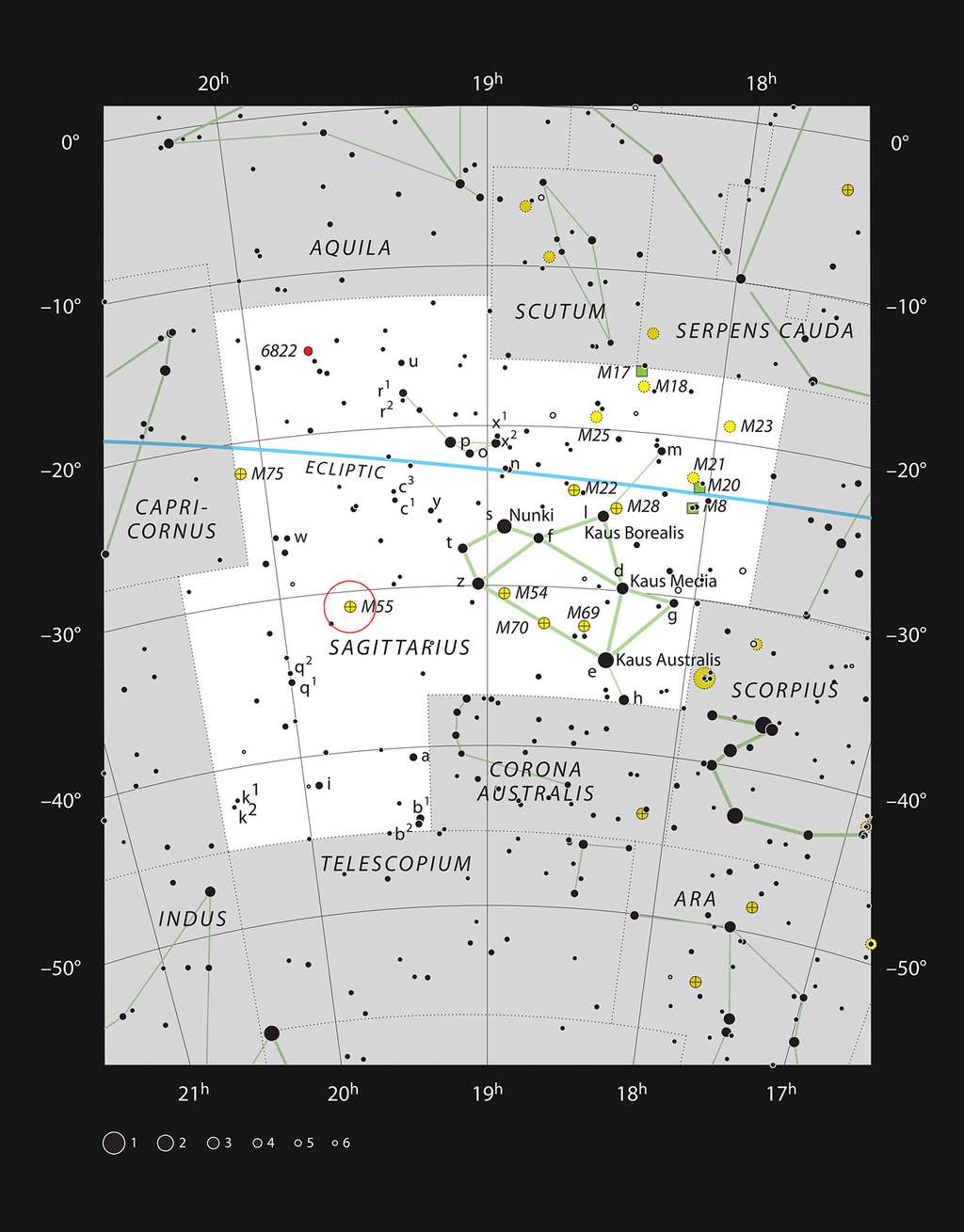 Messier 55 se trouve dans la constellation du Sagittaire. Cet amas d'étoiles peut être facilement observé avec un très petit télescope ou avec des jumelles. © ESO/IAU/Sky &amp; Telescope