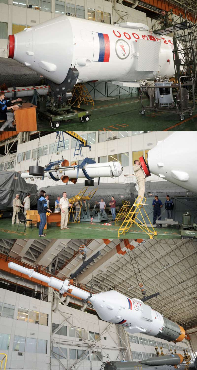  Cette image montre l’installation au sommet de la capsule Soyouz, la tour d’extraction. Élément majeur de la sécurité des astronautes, elle a pour fonction d’extraire la capsule du lanceur et de l’éloigner le plus rapidement et le plus loin possible en cas de danger. © RKK Energia