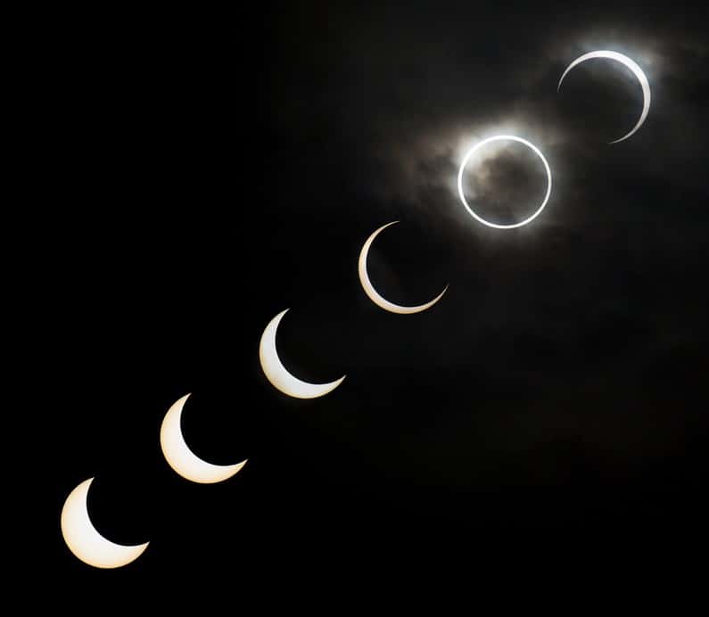 Les différentes phases de l'éclipse annulaire sont rassemblées dans ce chapelet. © Kim Nilsson