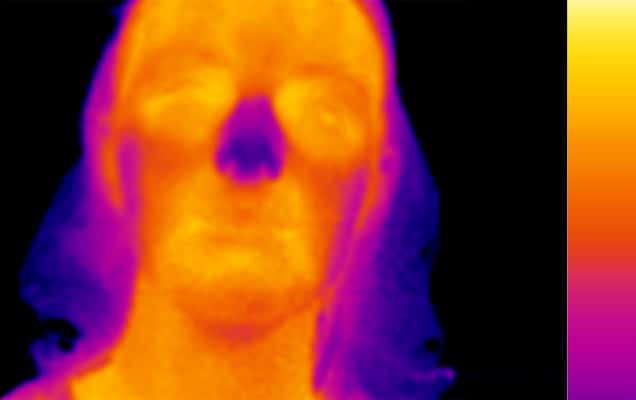 Cette image thermique reflète la température de la peau au niveau du visage d'une des participantes. Les yeux et la bouche sont les régions les plus chaudes (en orange), tandis que les cheveux et l'extrémité du nez sont des zones plus froides (en violet). © <em>Perception Lab</em>, université de Saint-Andrews