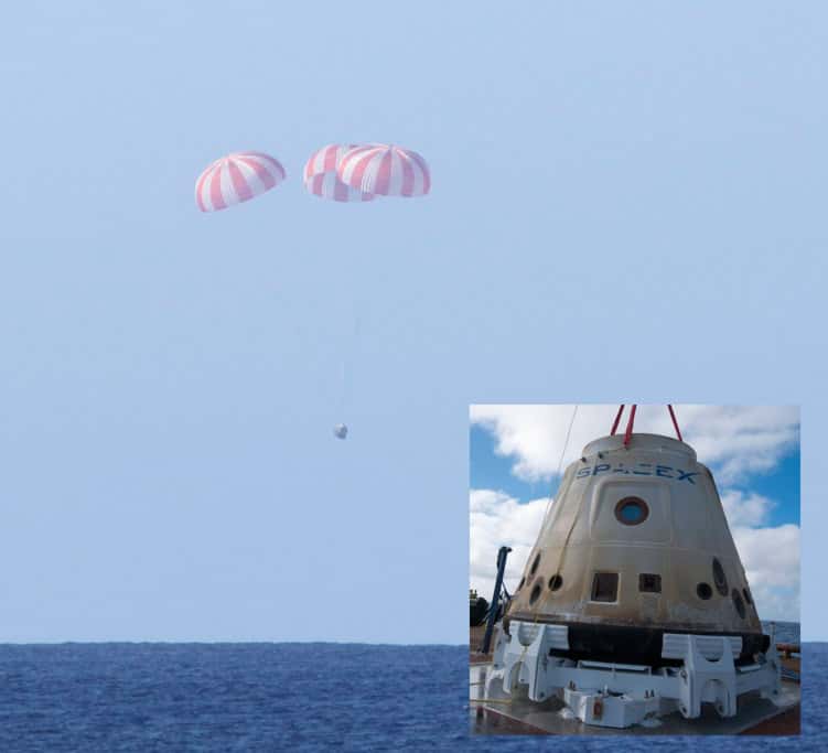 La capsule Dragon lors de son retour d'orbite après son premier vol de démonstration. Effectuée en décembre 2010, cette mission de 3 heures et 21 minutes avait consisté en plusieurs tours autour de la Planète. © SpaceX