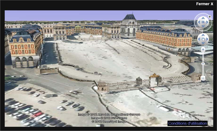 Un modèle 3D du château de Versailles, avec l'interface de Google Earth. © Google