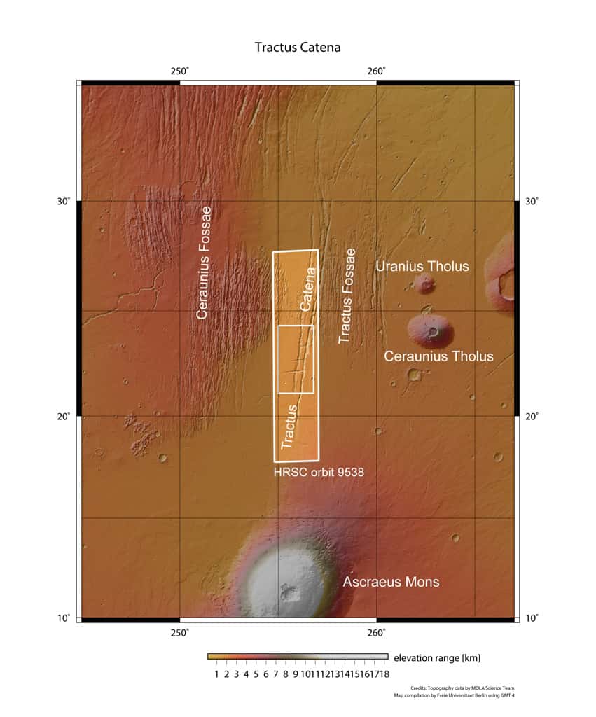 Cette image montre une partie du dôme de Tharsis (à proximité du volcan bouclier Ascraeus Mons) où la sonde Mars Express a photographié des rangées de cratères le long de failles de rupture. © Esa/DLR/FU Berlin (G. Neukum)