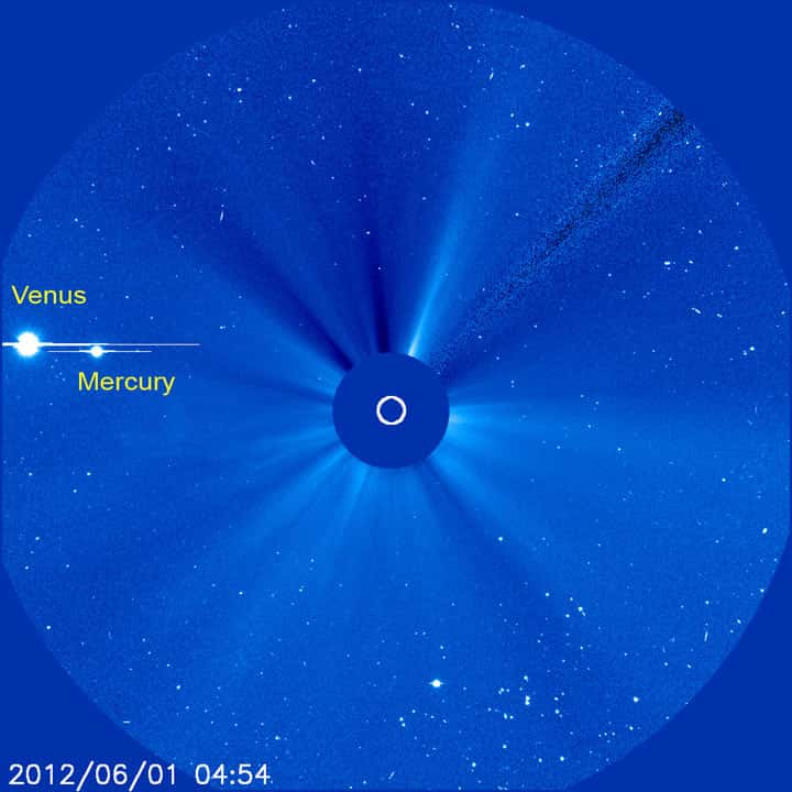 Depuis le premier jour du mois de juin on peut suivre le déplacement de Vénus (et de Mercure) dans le champ du coronographe du satellite Soho. © Nasa