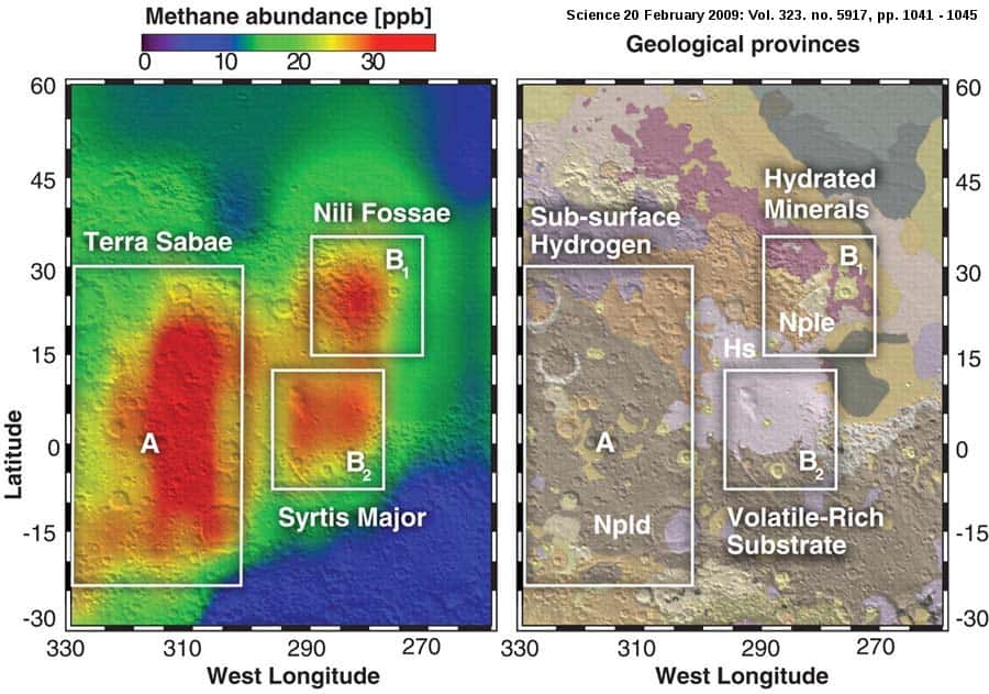 À gauche, il s'agit d'une carte des teneurs en méthane superposée à une carte topographique. À droite, on peut voir une carte géologique (Greeley et Guest, 1987) avec la localisation des trois panaches et le report des caractéristiques chimiques déterminées par Mars Odyssey et MRO vis-à-vis des composés volatils. Npld et Nple indiquent un âge noachien pour les terrains (> 3,6 Ga, milliards d'années). Le volcan Syrtis major est d'âge hespérien (Hs, âge compris entre 3,1 et 3,6 Ga). © Pierre Thomas-Mumma <em>et al</em>., 2009, <em>Science</em>