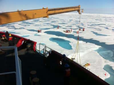Les piscines d'eau apparaissant en été, ici en juillet 2011, sont particulièrement visibles sur cette photographie prise depuis un pont du brise-glace <em>U.S. Healy</em>. Pendant que certains scientifiques effectuent les prélèvements, d'autres surveillent la présence des ours polaires. © Sam Lanay, <em>Woods Hole Oceanographic Institution</em>