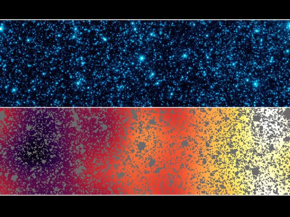 En haut, l'image prise par Spitzer montrant une partie de l'Extended Groth Strip. En bas, après soustraction des étoiles et des galaxies, apparaît clairement le CIB. © Nasa/Jpl-Caltech/GSFC