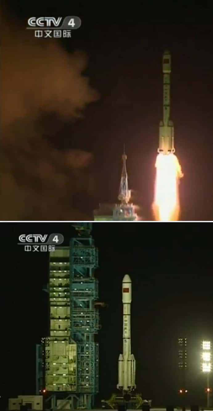 Mis en orbite en septembre 2011, le module orbital Tiangong-1 est désormais habité par des taïkonautes. © CCTV4