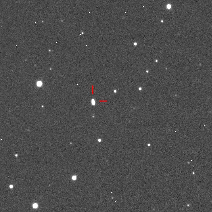 L'astéroïde 2012 LZ1 photographié le 13 juin dernier par le Haleakala-Faulkes Telescope. Le faible albédo de l'astéroïde trompe alors les astronomes qui sous-estiment son diamètre, une grosse erreur que corrigera ensuite le radiotélescope d'Arecibo. © Nick Howes/Ernesto Guido/Giovanni Sostero