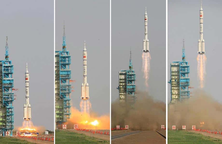 Shenzhou-9 au lancement, le 16 juin 2012. Le retour sur Terre s'est effectué ce matin 29 juin. © Xinhua/Li Gang