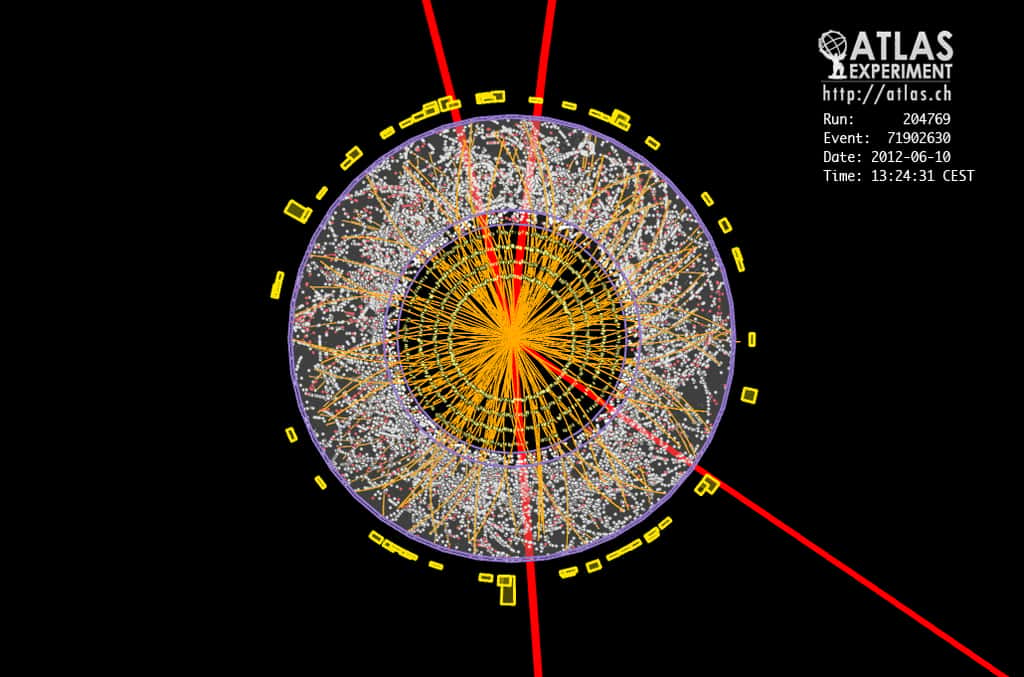 En rouge on voit la trajectoire de 4 muons dans le détecteur Atlas, résultant très probablement de la désintégration d'un boson de Higgs. © ATLAS, Collaboration-Cern
