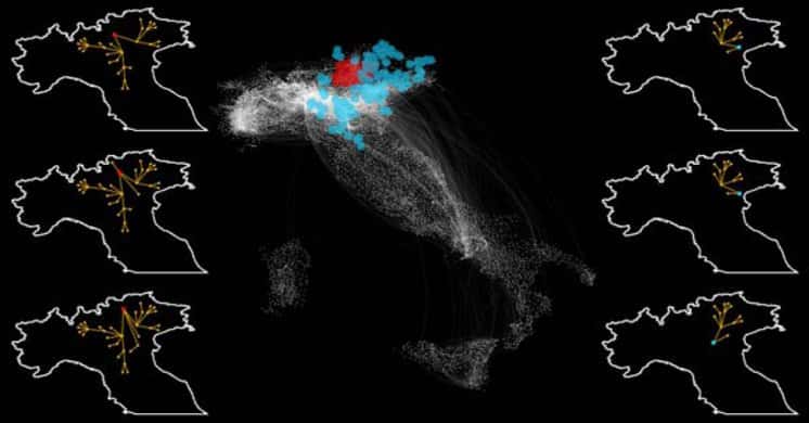 On voit ici les chemins de propagation d’épidémies en Italie, où chaque point blanc de la carte centrale est une ferme et où les liens représentent le transport d’animaux. La simulation met en évidence des groupes de fermes, qui peuvent être géographiquement concentrés ou pas. On constate que les épidémies naissant au sein d'un même groupe se propagent selon le même scénario. On voit ici deux groupes, représentés par des zones bleue et rouge, et les cartes latérales montrent plusieurs chemins de propagation d’épidémies dont l’origine est dans le groupe rouge (à gauche) ou bleu (à droite) : pour différentes origines dans le même groupe, les chemins de propagation sont très similaires. © P. Bajardi, A. Barrat, L. Savini et V. Colizza