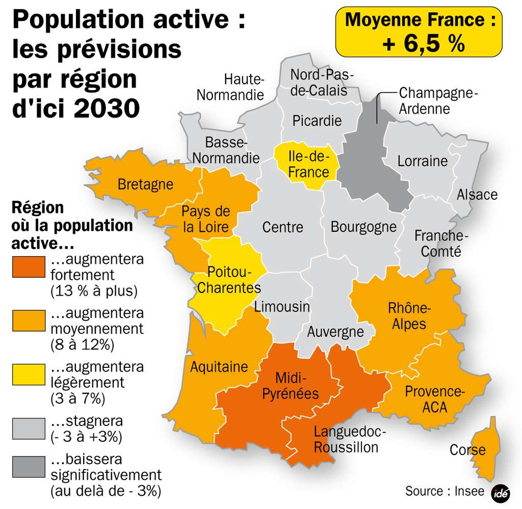 Estimation du pourcentage d'augmentation de la population active en 2030, par région française. © idé