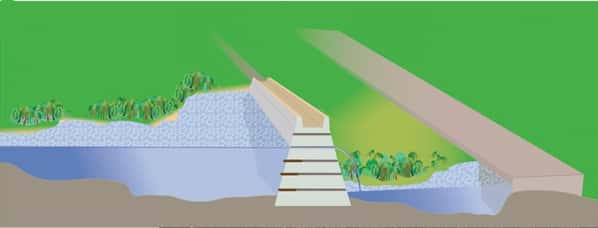 Représentation schématique du barrage du Palais qui a été découvert dans la cité précolombienne maya de Tikal, dans le nord du Guatemala. Le fond des réservoirs devait, selon certains indices, être recouvert de pierres plates. Les lignes brunes dans l'édifice correspondent à des canaux d'évacuation pour l'eau. © Scaroborough <em>et al.</em> 2012, <em>Pnas</em>