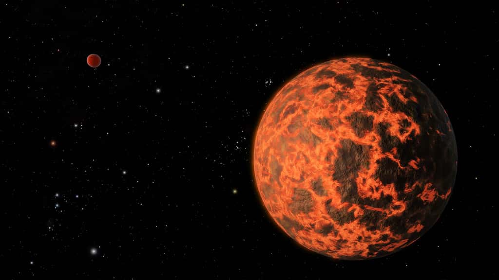 Une vue d'artiste des deux exoplanètes supposées autour de GJ 436. Il se pourrait que UCF-1.01 soit recouverte d'un océan de magma. © R. Hurt, SCC, Nasa, JPL-Caltech