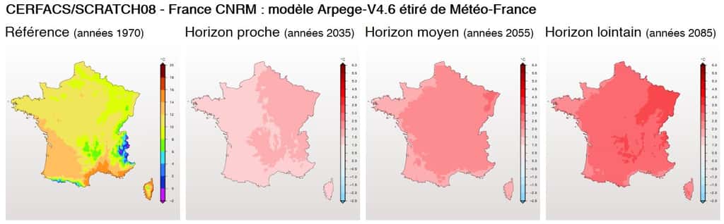 Les températures moyennes en France prédites par le modèle Arpège, de Météo France, en 2035, 2055 et 2085. Sur le site Drias, on obtient ce genre de cartographie en indiquant soi-même les paramètres à prendre en compte. © Drias