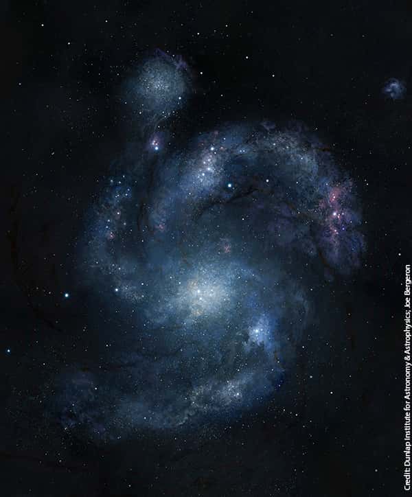 Il n'est pas question ici d'image réelle de la galaxie spirale BX442. En effet, l'image brute, reconstruite à partir des observations d'Hubble et du Keck, est plus grossière. Mais elle a permis à un artiste de reconstituer ce que l'on verrait probablement si l'on était beaucoup plus proche de cet astre. © Joe Bergeron, <em>Dunlap Institute for Astronomy & Astrophysics</em>