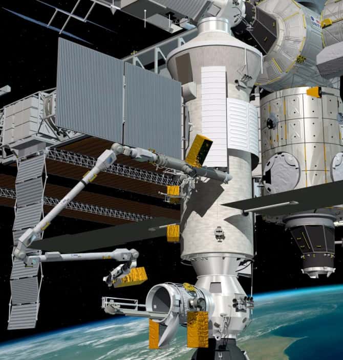 Le bras robotique Era facilitera le travail des astronautes à bord de l'ISS. Il sera capable d'effectuer des tâches auparavant dévolues aux Hommes, comme sortir du sas du matériel, ou des expériences pour les entreposer à l'extérieur de la station. © D. Ducros, Esa