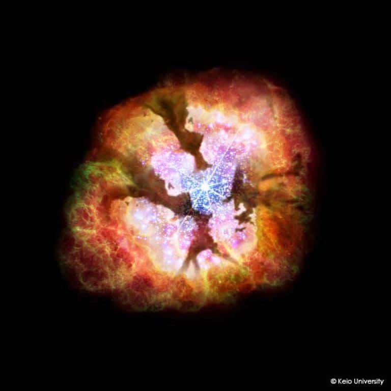 Sur cette vue d'artiste, on a représenté un nuage moléculaire « tiède » en expansion du fait des explosions à répétition de supernovae dans l'amas d'étoiles qu'il enveloppe. On pense que de tels amas sont probablement le lieu de formation de certains trous noirs intermédiaires. © Keio University