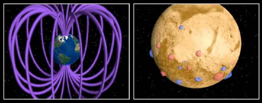 Comparaison du champ magnétique terrestre avec celui de Mars, qui n'est pas global car la dynamo martienne s'est éteinte. Certaines régions sont encore magnétisées et     conservent un champ local fossile (points rouges et bleus), vestige de l'ancien champ magnétique global. © GSFC, Nasa