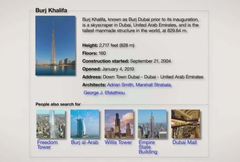 Extrait de la vidéo de présentation de Knowledge Graph, fonction intégrée au moteur de recherche. La requête « Burj Khalifa » (la plus haute tour du monde, à Dubaï) renvoie des informations textuelles et des images. © Google