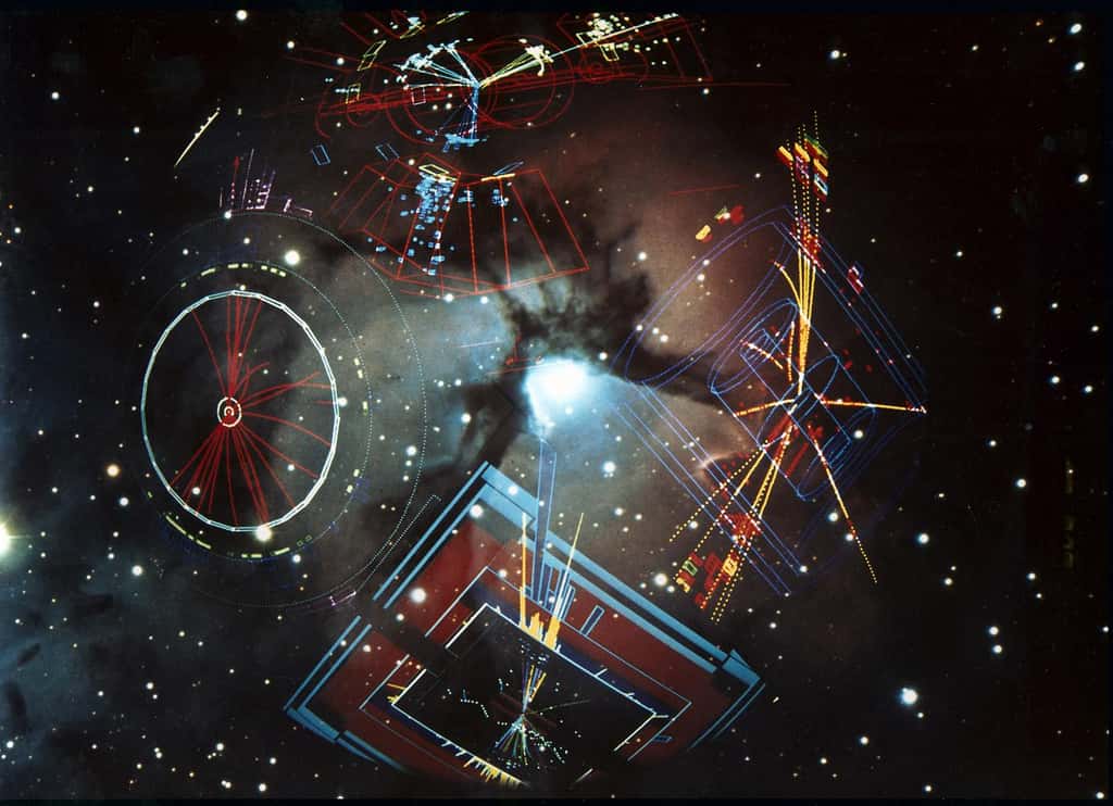 Cette image montre les résultats sur ordinateur de collisions entre les particules fondamentales – des électrons et des positrons – dans les 4 détecteurs de particules du Lep du Cern, superposés sur un fond d'étoiles. Le Lep occupait le tunnel de 27 km de long dans lequel se trouve aujourd'hui le LHC. © Patrice Loïez, Cern