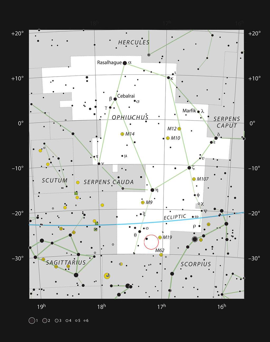 Cette carte montre la plupart des étoiles visibles à l'œil nu dans de bonnes conditions dans la constellation d'Ophiuchus où Barnard 59 est indiqué par un cercle rouge. Cette nébuleuse sombre fait partie de la nébuleuse de la Pipe, qui apparaît comme une structure sombre dans la Voie lactée. © ESO, IAU, Sky &amp; Telescope