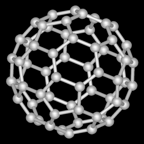 On voit ici une représentation de la molécule de C<sub>60</sub> encore appelée  buckminsterfullerène ou footballène pour des raisons évidentes. C'est en effet une molécule sphérique composée de 60 atomes de carbone disposés en 20 hexagones et 12 pentagones, comme dans un ballon de football. © Wikipédia