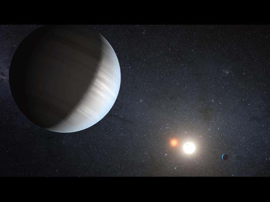 Une représentation d'artiste de l'étoile double Kepler 47 et ses deux exoplanètes. La binaire est constituée par une naine rouge en orbite rapprochée autour d'une étoile de type solaire. © Nasa/JPL-Caltech/T. Pyle 