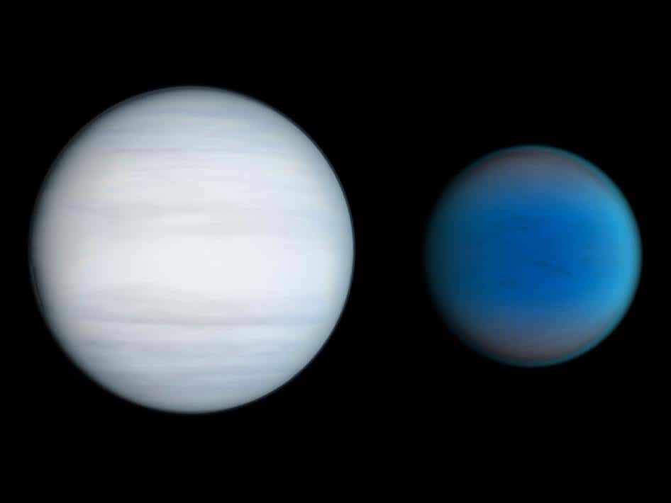 Sur cette image d'artiste se trouvent deux géantes gazeuses, Kepler 47c  à gauche et Kepler 47b à droite. Si Kepler 47c était une planète rocheuse, elle serait une superterre peut-être porteuse de vie. © Nasa/JPL-Caltech/T. Pyle 
