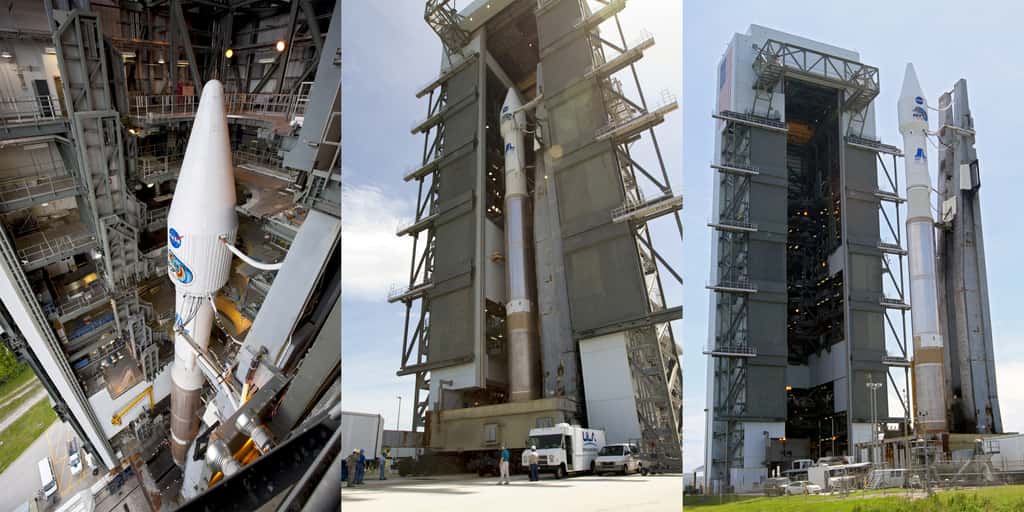 Le lanceur Atlas V, avec les deux satellites de RBSP, sort de son bâtiment d'assemblage, le <em>Vertical Integration Facility</em>. © Nasa