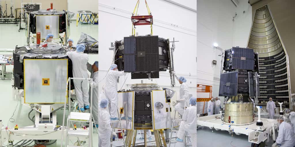 Les deux satellites identiques de la mission RBSP. Sur l'image de droite, ils sont en cours d'intégration dans la coiffe du lanceur. © Nasa