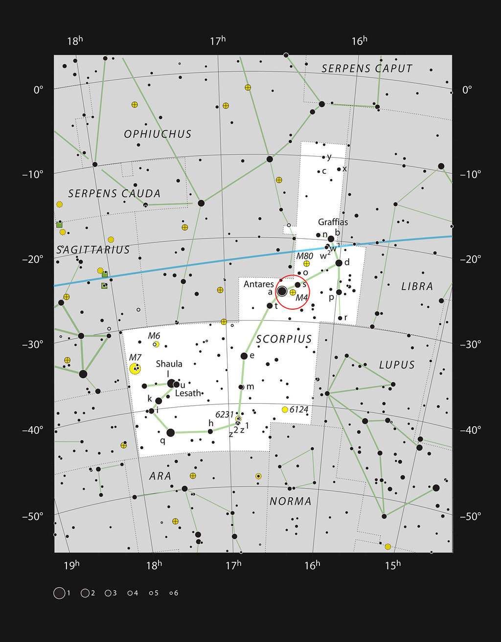 Ce graphique montre l'emplacement de l'amas globulaire Messier 4 (également appelé NGC 6121) dans la constellation du Scorpion à proximité de la lumineuse étoile rouge Antarès. Cette carte montre la plupart des étoiles visibles à l'œil nu dans de bonnes conditions et Messier 4 est indiqué par un cercle rouge sur l'image. Cet amas lumineux peut être observé avec des jumelles et apparaît spectaculaire avec un télescope de taille moyenne. © ESO, IAU, Sky and Telescope