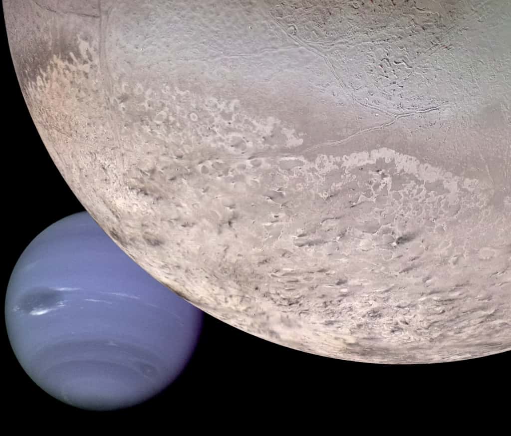 Ce montage montre comment Triton et Neptune apparaîtrait à un vaisseau spatial s’approchant d’eux sous un certain angle. La surface de Triton est essentiellement couverte de la glace d’eau et d’azote gelé, avec des traces de méthane, de dioxyde et de monoxyde de carbone condensés. © Nasa