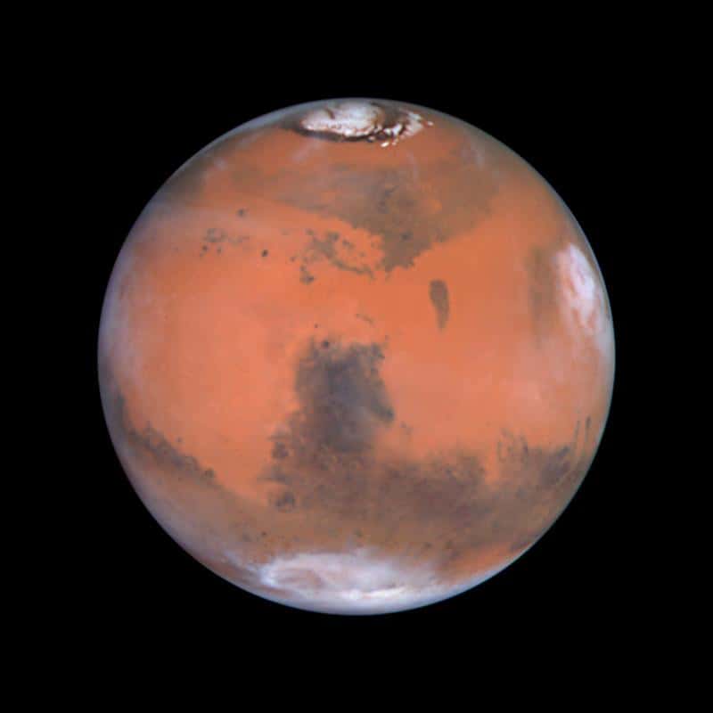 Cette photo montrant en haut l'un des pôles (nord) de Mars a été prise par Hubble. L'image est centrée sur une structure sombre dénommée Syrtis Major, observée la première fois par l'astronome Christian Huygens au XVII<sup>e</sup> siècle. Au sud de Syrtis Major, on trouve une large structure nommée Hellas. Les sondes Viking et plus récemment Mars Global Surveyor ont révélé qu’Hellas est un vaste et profond cratère d'impact. Le long du limbe droit, les nuages de fin d'après midi se sont formés autour du volcan Elysium. © Nasa