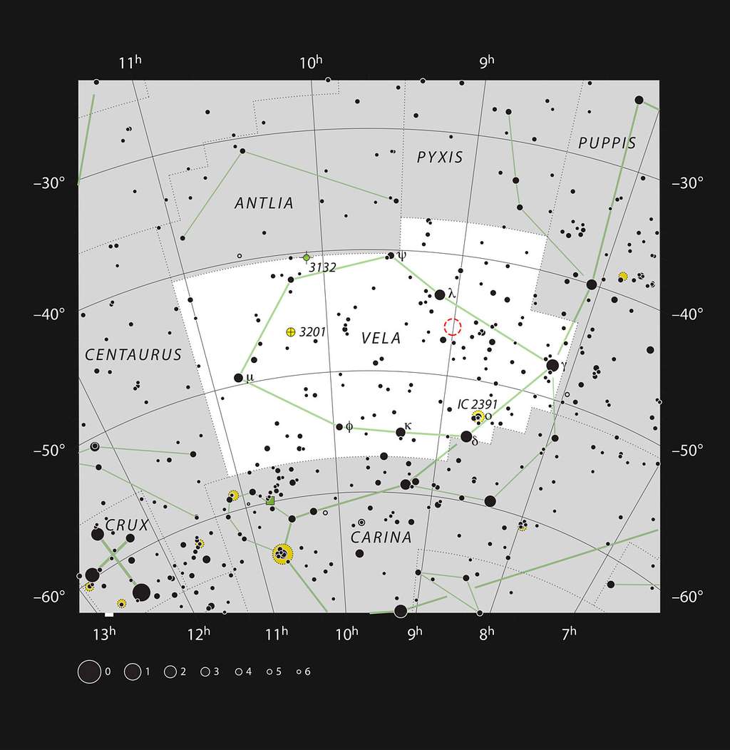 Emplacement de la nébuleuse du Crayon (NGC 2736) dans la constellation des Voiles. Cette carte montre la plupart des étoiles visibles à l'œil nu dans de bonnes conditions et la nébuleuse du Crayon est indiquée par un cercle rouge sur l'image. Il est nécessaire d'avoir un ciel bien noir et un télescope puissant pour pouvoir voir cette faible nébuleuse, telle une longue raie fine. © ESO, IAU, Sky &amp; Telescope