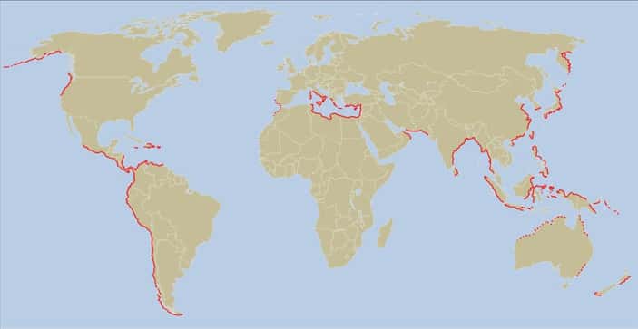 Les lignes rouges indiquent les zones côtières susceptibles d'être un jour submergées par un grand tsunami. Toutes les centrales nucléaires situées sur ces côtes sont potentiellement en danger. © Joaquin Rodriguez-Vidal <em>et al.</em> 2012, <em>Natural Hazards</em> 