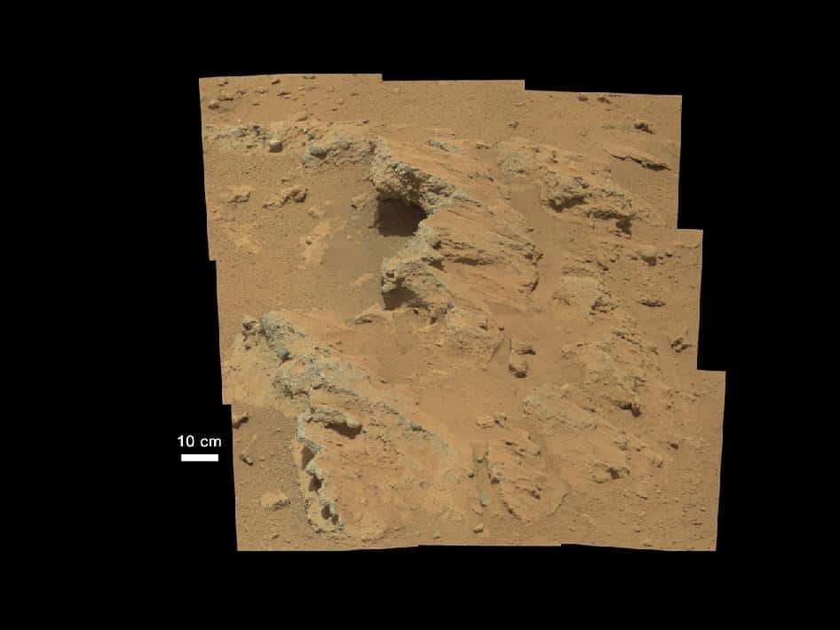 L'affleurement qui a mis la puce à l'oreille des scientifiques de la mission MSL (<em>Mars Science Laboratory</em>). © Nasa/JPL-Caltech/MSSS