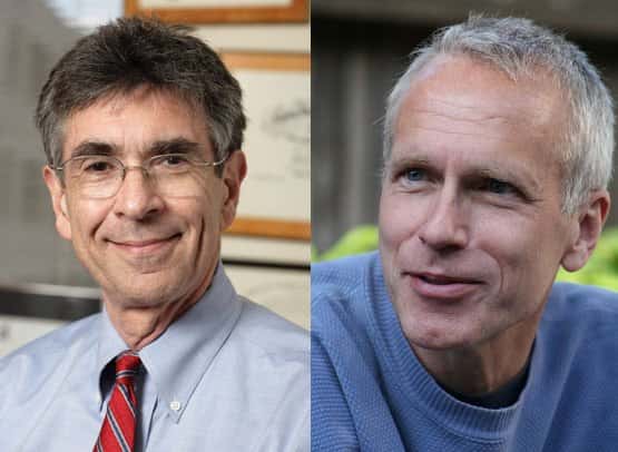 De gauche à droite, Robert Lefkowitz et Brian Kobilka, récompensés par le prix Nobel de chimie 2012. © Comité Nobel (Robert Lefkowitz) et Charles, sous licence Commons (Brian Kobilka)
