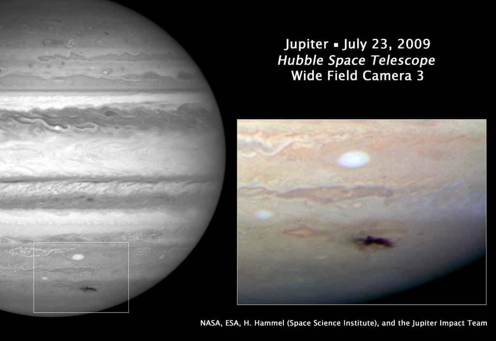 En juillet 2009 l'astronome amateur australien Anthony Wesley fut le premier à signaler un impact sur Jupiter, permettant aux astronomes professionnels de le photographier immédiatement avec le télescope spatial Hubble. © Nasa, Esa, H. Hammel (Space Science Institute), Boulder, Colorado), Jupiter Impact Team 